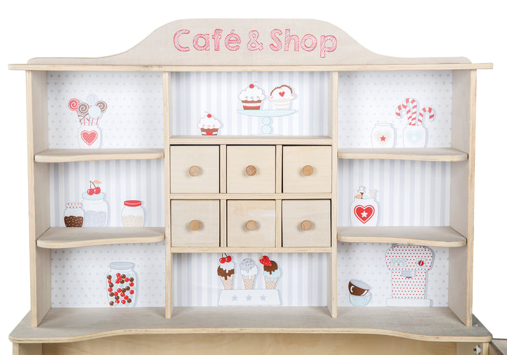 'Café & Shop' shop, natural wood, 6 drawers, side and counter with printing