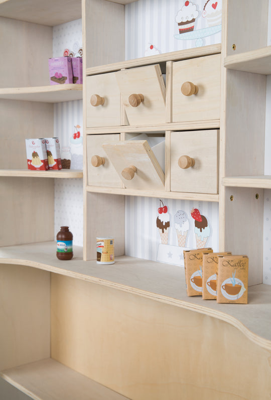 Negozio 'Café & Shop', legno naturale, 6 cassetti, fianco e bancone con stampa
