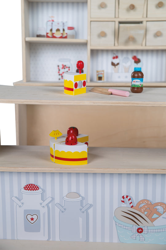 Negozio 'Café & Shop', legno naturale, 6 cassetti, fianco e bancone con stampa