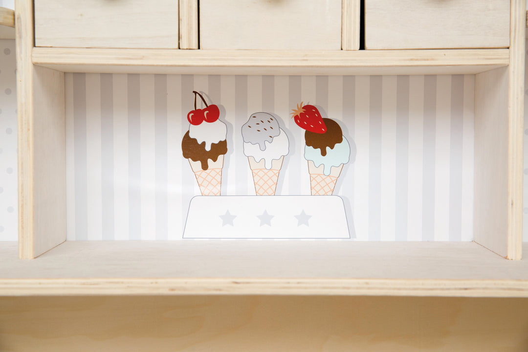 Negozio 'Café & Shop', legno naturale, 6 cassetti, fianco e bancone con stampa