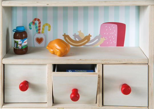 Shop 'Minishop', Natural Wood, with Counter, Chalkboard, Sliding Door & Market Stand Print