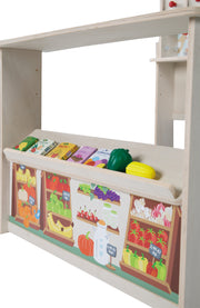 Tienda 'Minishop', madera natural, con mostrador, pizarra, puerta corredera y stand de mercado con impresión