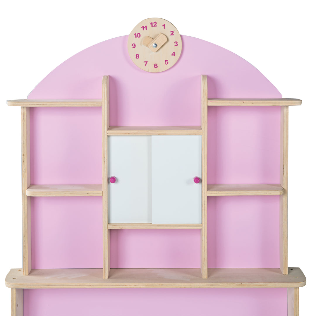 Shop in Natural Wood, Includes Side Counter, Clock, Back Wall in Pink & White Sliding Doors