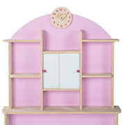 Negozio, legno naturale, con bancone laterale, orologio, parete posteriore rosa e porte scorrevoli bianche