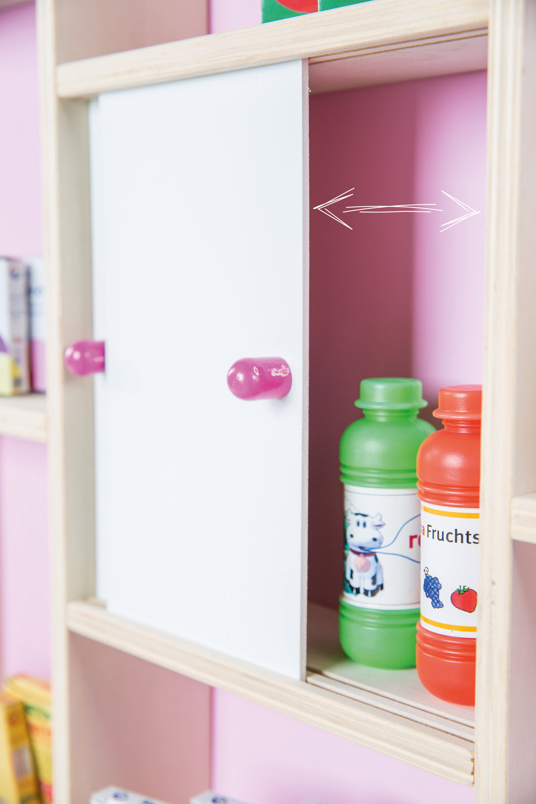 Shop in Natural Wood, Includes Side Counter, Clock, Back Wall in Pink & White Sliding Doors