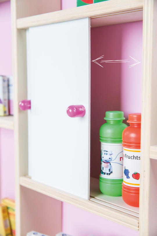 Shop in Natural Wood, Includes Side Counter, Clock, Back Wall in Pink & White Sliding Doors