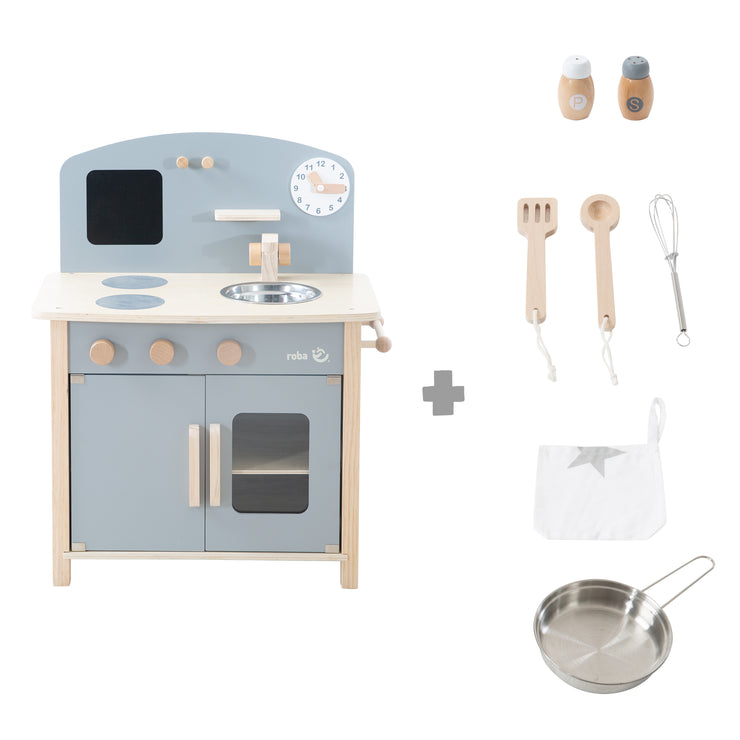 Cucina giocattolo grigio/naturale, con 2 zone cottura, lavello, rubinetto e accessori