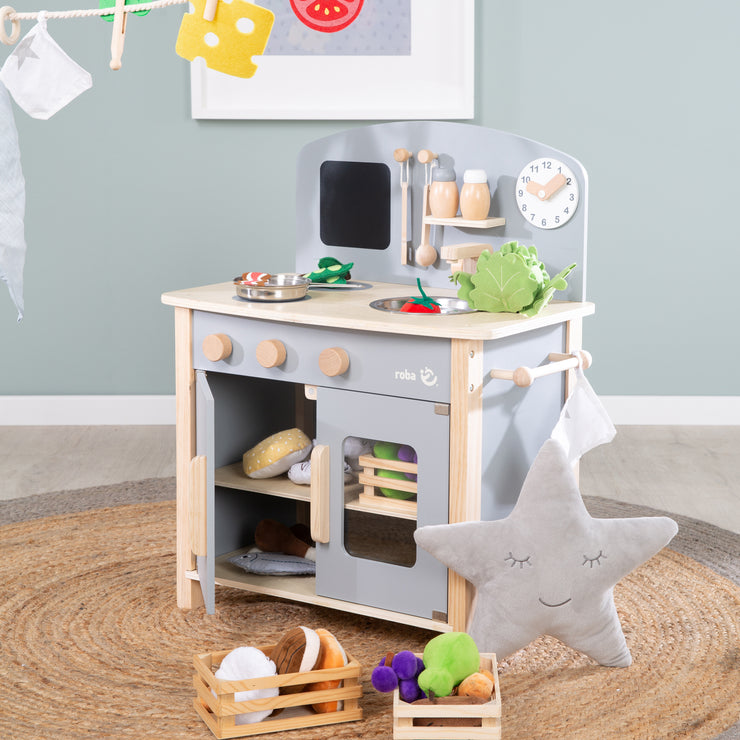 Play kitchen grey/natural, toy kitchen unit with 2 hot plates, sink, tap & accessories