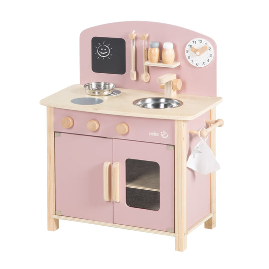 Gioca alla cucina bianca/natura/rosa con 2 biscotti, lavandino, rubinetto e accessori