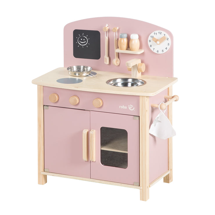 Cocina de juguete, blanca/natural/rosa, con 2 platos calientes, fregadero, grifo y accesorios
