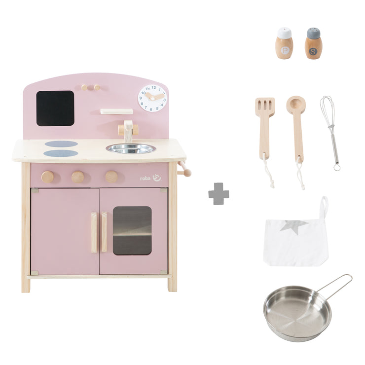 Spielküche weiß/natur/rosa mit 2 Kochstellen, Spüle, Wasserhahn & Zubehör