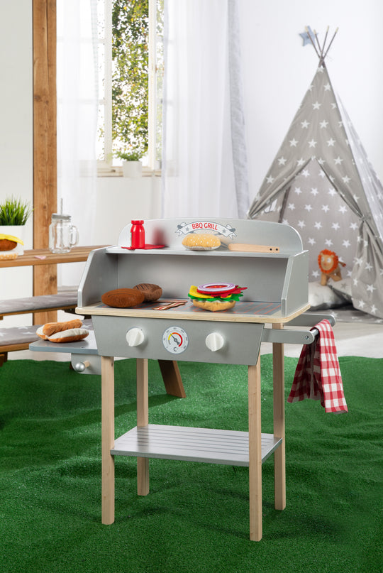 BBQ-Grill aus Holz, mit 14-teiligem Stoffzubehör, Spielzeug Barbecue Grill, ab 3 Jahren