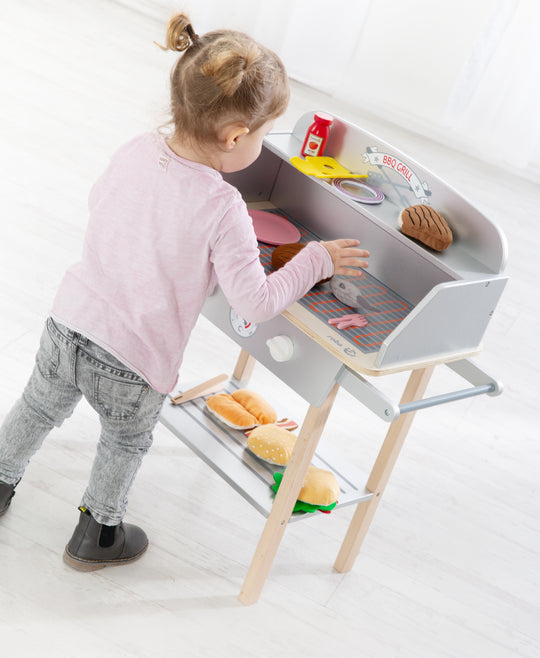 BBQ-Grill aus Holz, mit 14-teiligem Stoffzubehör, Spielzeug Barbecue Grill, ab 3 Jahren
