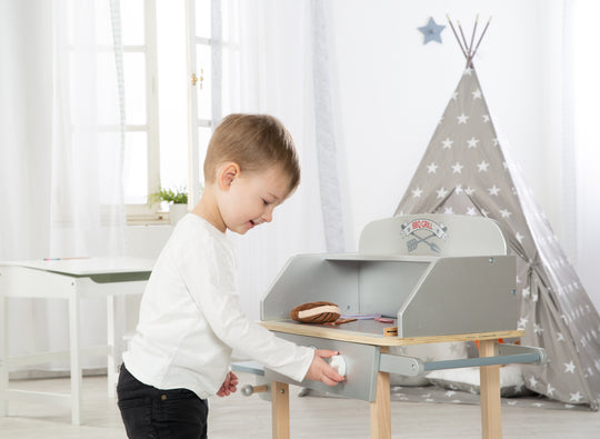 BBQ-Grill aus Holz, mit 14-teiligem Stoffzubehör, Spielzeug Barbecue Grill, ab 3 Jahren