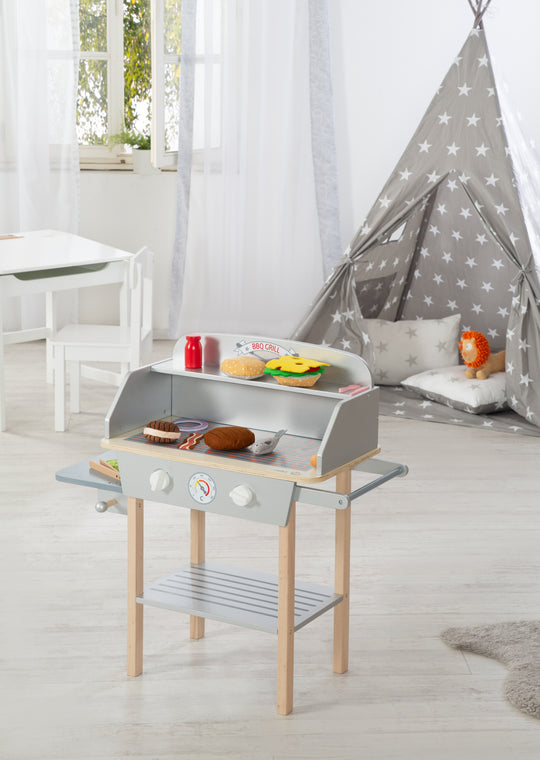 BBQ-Grill aus Holz, mit 14-teiligem Stoffzubehör, Spielzeug Barbecue Grill, ab 3 Jahren