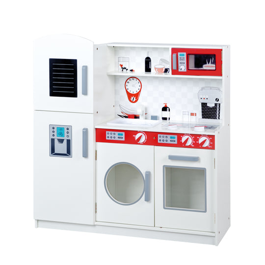 Cucina da gioco o per bambini, bianco / rosso, frigorifero, lavagna, piano cottura, microonde, lavello, rubinetto