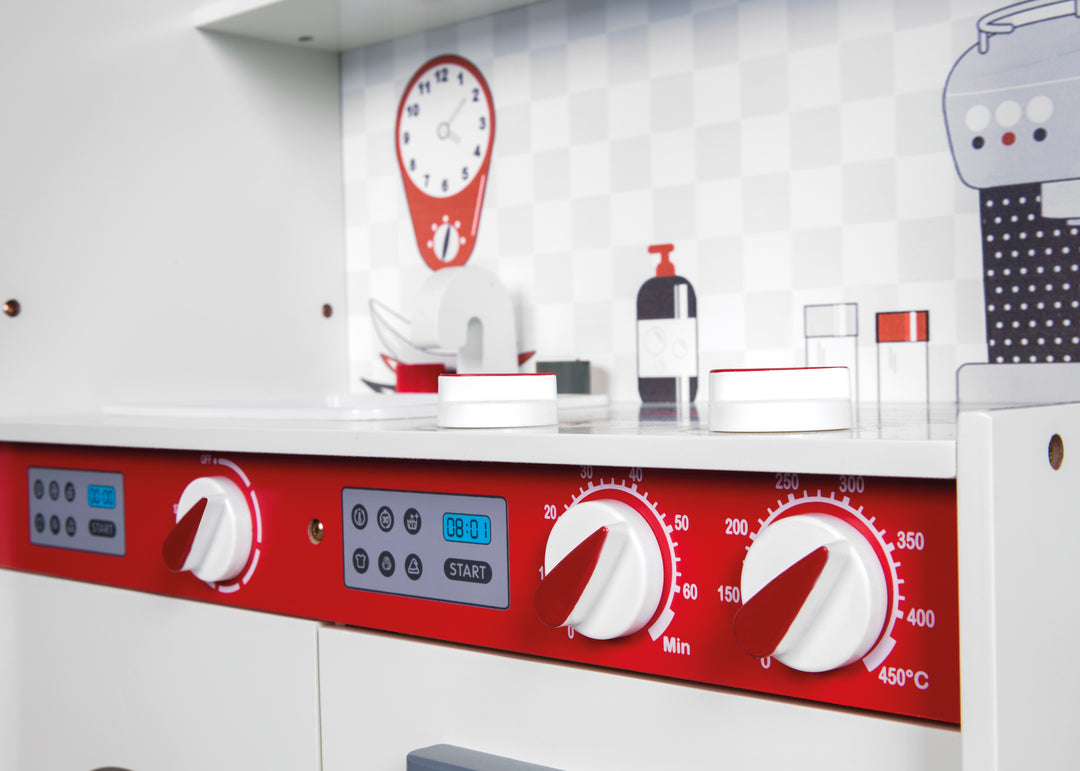Cucina da gioco o per bambini, bianco / rosso, frigorifero, lavagna, piano cottura, microonde, lavello, rubinetto