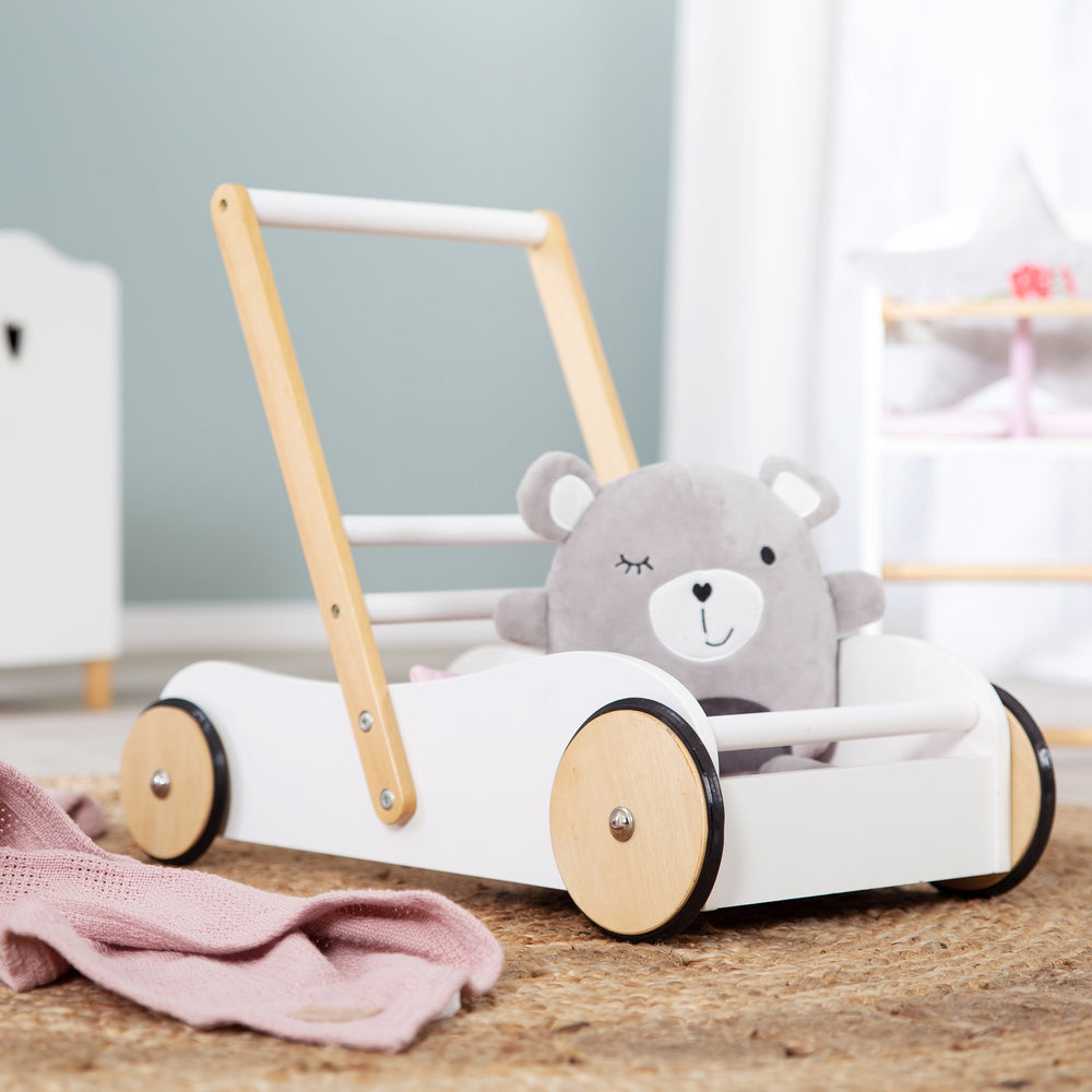 Lauflernwagen 'Scarlett' weiß lackiert, Puppenwagen mit rosa Textilien