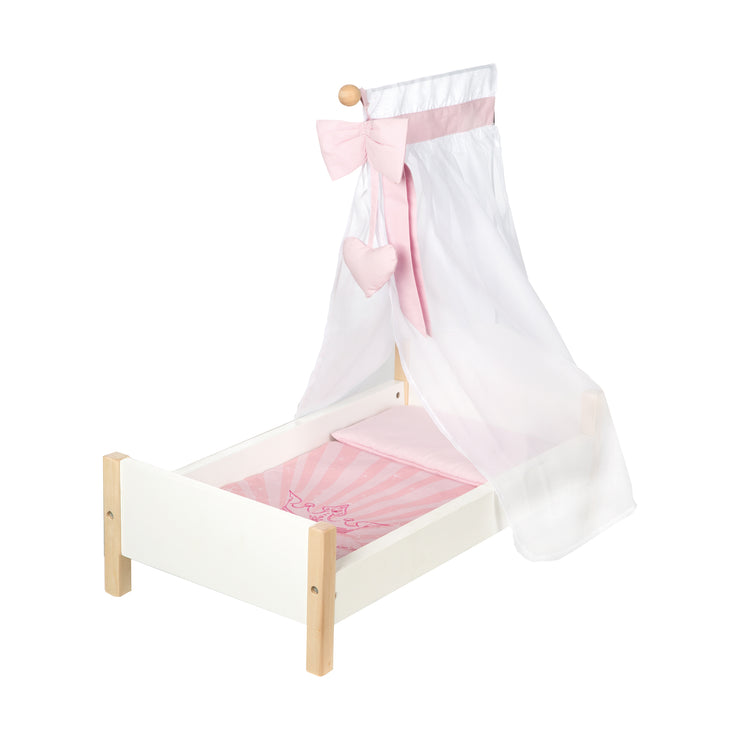 Cama para muñecas 'Scarlett', lacada en blanco, con mobiliario textil, ropa de cama y dosel rosa