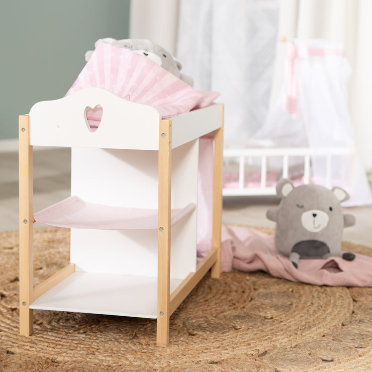Doll dresser & bed, doll furniture series 'Scarlett' including textile furnishings, white