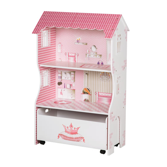 Dollhouse & Play Shelf Including Storage Box for Toys, Pink/White