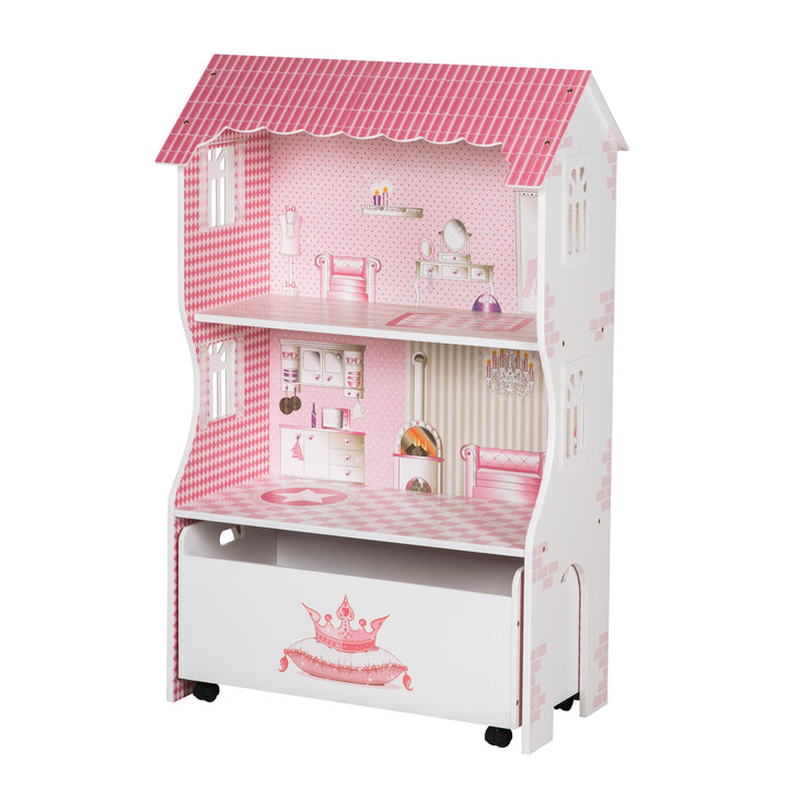 Casa de muñecas y estantería de juego incl. caja de almacenamiento para juguetes, rosa/blanco