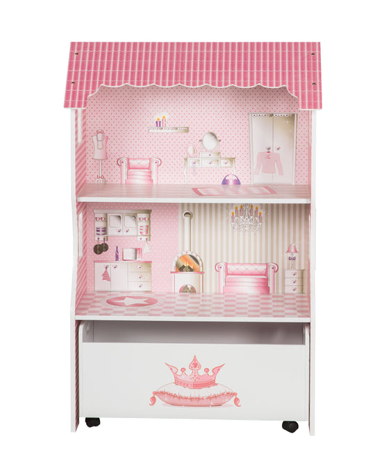 Dollhouse & Play Shelf Including Storage Box for Toys, Pink/White