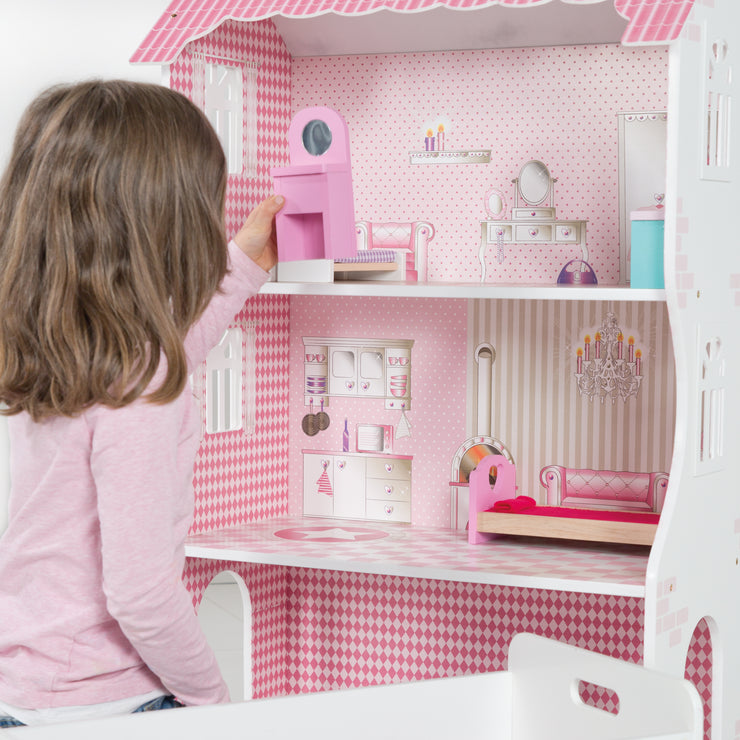 Casa de muñecas y estantería de juego incl. caja de almacenamiento para juguetes, rosa/blanco