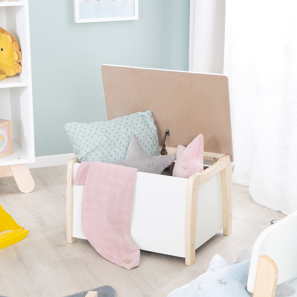 Coffre pour enfants & jouets en bois massif, bicolore, ferrure d'amortissement incluse