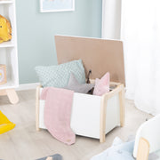 Caja de juguetes para niños de madera maciza, de dos colores, incluida la almohadilla de amortiguación
