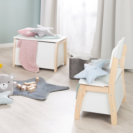 Children's & Toy Chest Made of Solid Wood, Bicolor, Including Soft-Close Mechanism
