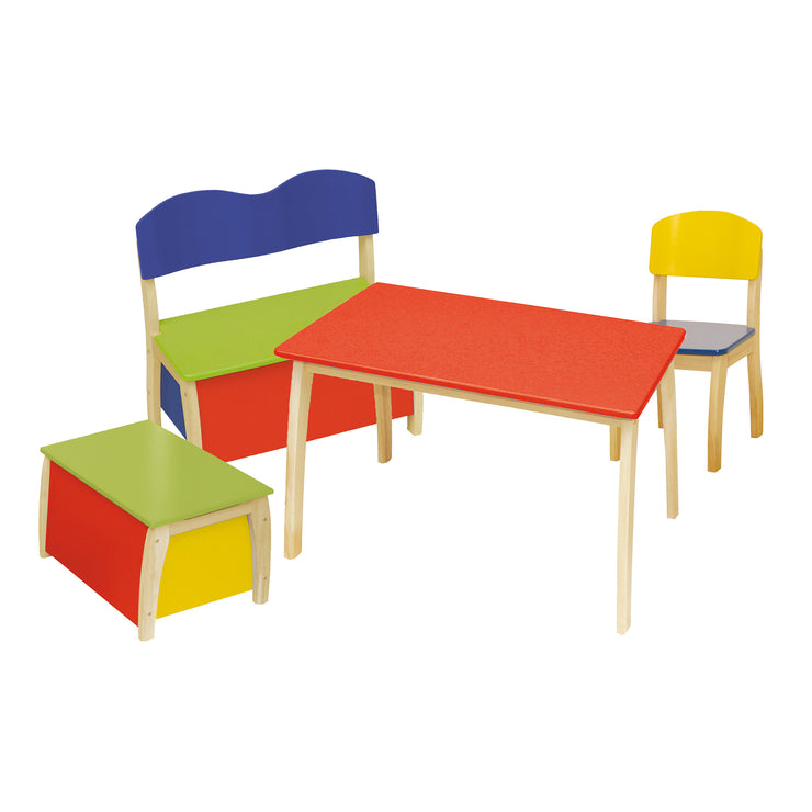 Kindertruhenbank, aus Massivholz und MDF gefertigt, Rücken- & Sitzfläche mehrfarbig lackiert