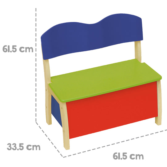 Banco de juguetes para niños, fabricado en madera maciza y MDF, superficie del respaldo y del asiento pintada en varios colores