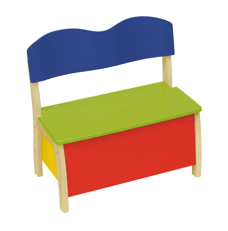Coffre à jouet banc, en bois massif et MDF, dossier et assise laqués en plusieurs couleurs