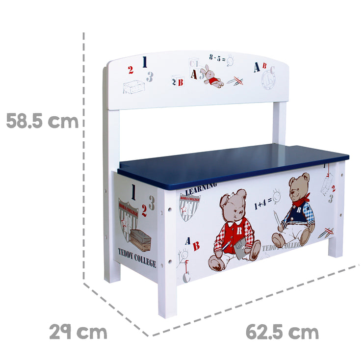 Chest bench 'Teddy College', child seat, storage of toys, white printed
