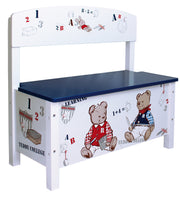 Banc coffre "Teddy College", siège pour enfant, rangement pour jouets, imprimé en blanc
