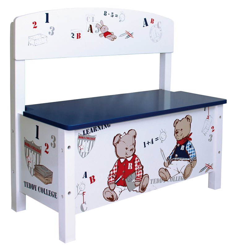 Chest bench 'Teddy College', child seat, storage of toys, white printed
