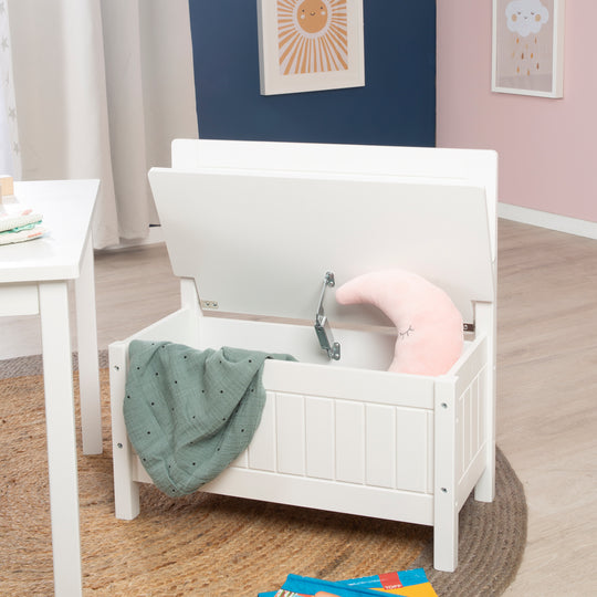 Banco de juguetes, banco para niños, muebles infantiles para sentarse y almacenar juguetes, blanco