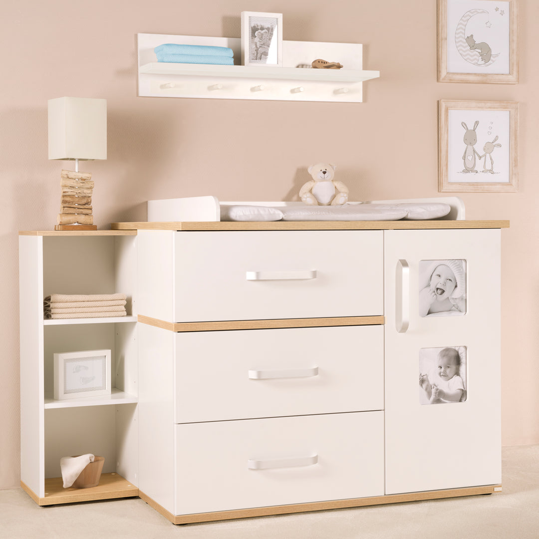 Étagère latérale 'Pia', adaptée sous la commode à langer, blanc/chêne 'San Remo'