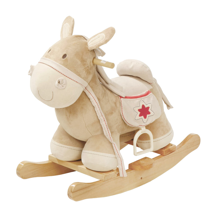 Rocking horse, rocking animal in wood with fabric upholstery, with stirrup, from 18 months