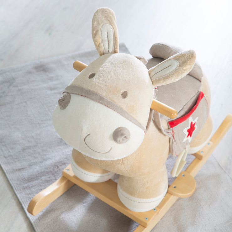 Rocking horse, rocking animal in wood with fabric upholstery, with stirrup, from 18 months