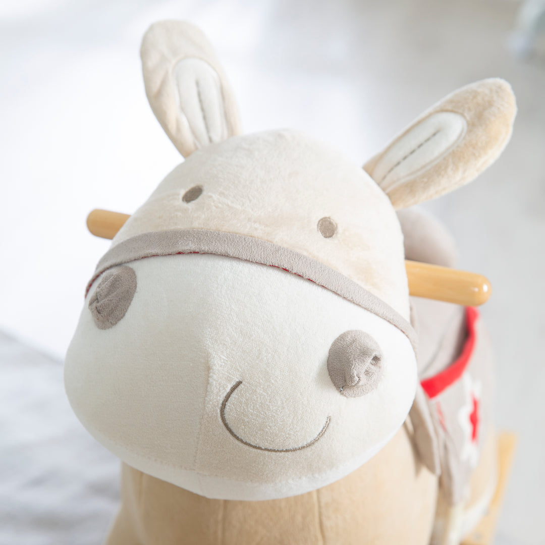 Caballo balancín, juguete balancín de madera con acolchado de tela, con estribos, a partir de 18 meses