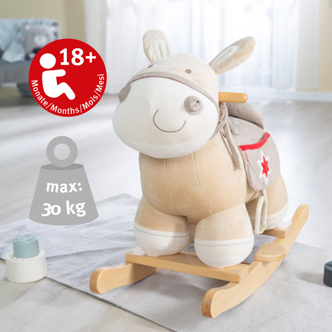 Caballo balancín, juguete balancín de madera con acolchado de tela, con estribos, a partir de 18 meses
