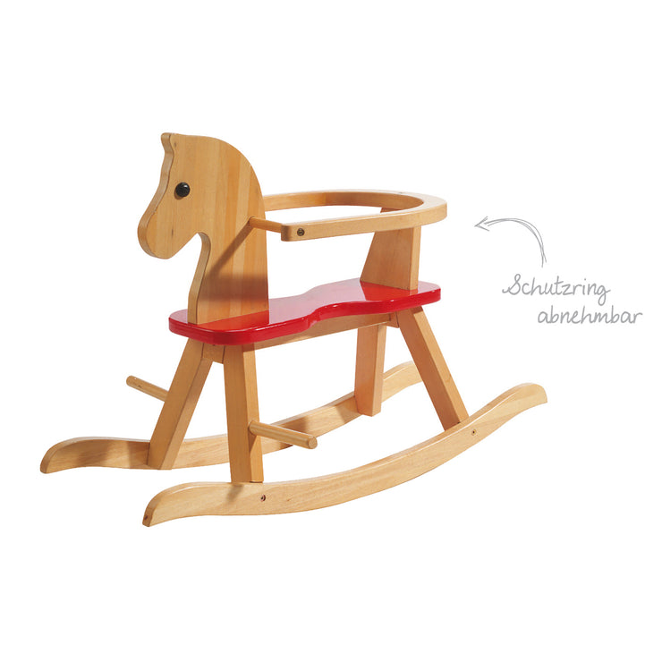 Rocking horse made of solid wood, natural red, grows with the child thanks to a removable protective ring