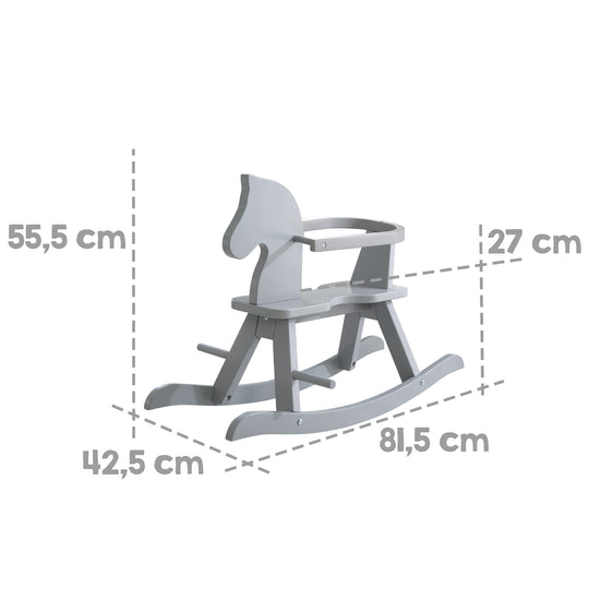 Caballito balancín de madera maciza, gris, ajustable con aro de protección desmontable