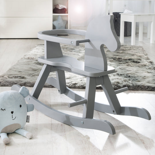 Caballito balancín de madera maciza, gris, ajustable con aro de protección desmontable