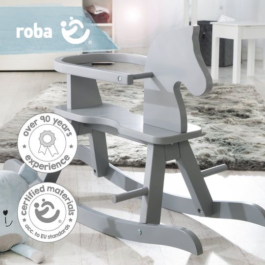 Caballito balancín de madera maciza, gris, ajustable con aro de protección desmontable