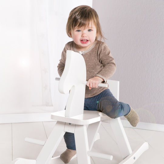 Rocking Horse in Solid Wood, Natural-Red, Adjustable with Removable Safety Ring