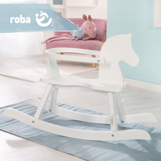 Rocking Horse in Solid Wood, Natural-Red, Adjustable with Removable Safety Ring