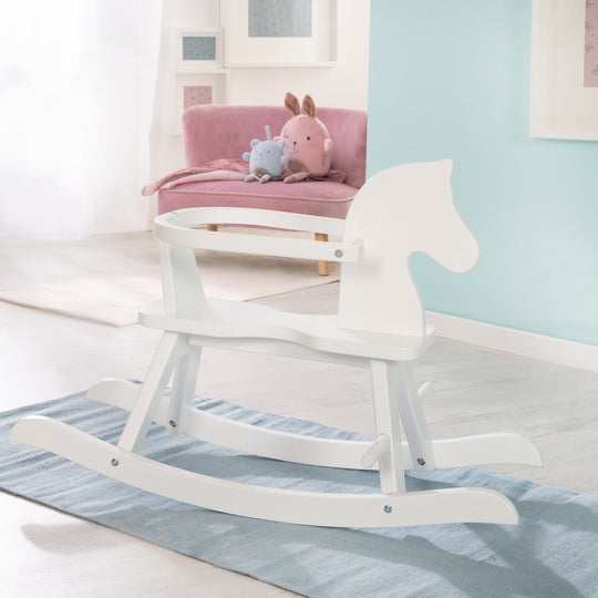 Rocking Horse in Solid Wood, Natural-Red, Adjustable with Removable Safety Ring